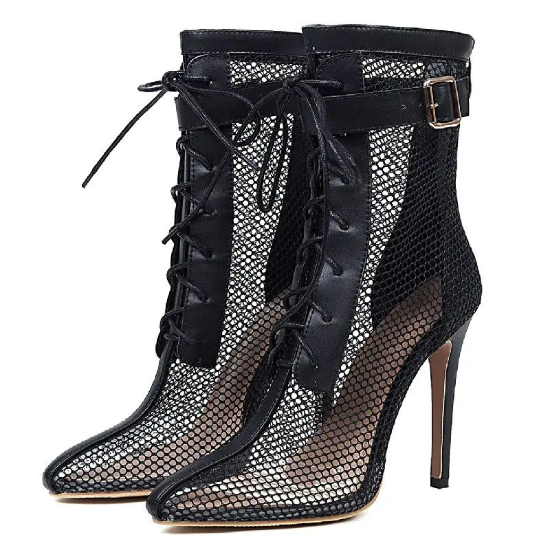 

Sexy Mesh Ankle Boots For Women Point Toe Spring Summer Shoes Lady Black White Heels Breathable Dance Party Boots Large Size 45