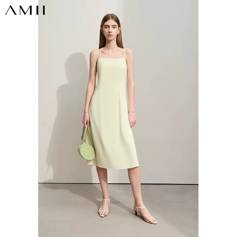 AmiiI Minimalism Halter Dresses for Women 2026 Summer New Solid Slim Fine Twill Woven Cross A-Line Casual Strap Dress 12422043
