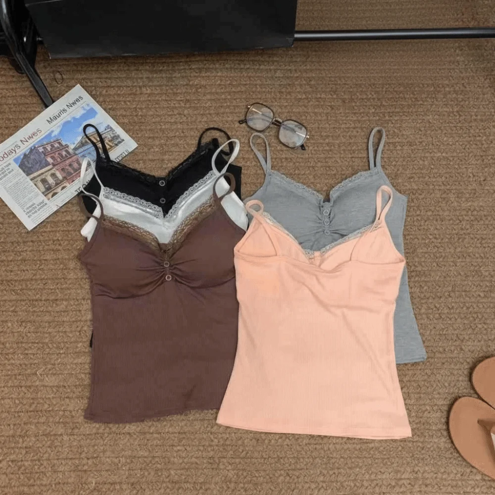 Fashion Slim Fit Lace Trim Vest Button Front with Chest Pad V Neck Top Short Sleeveless Top Women
