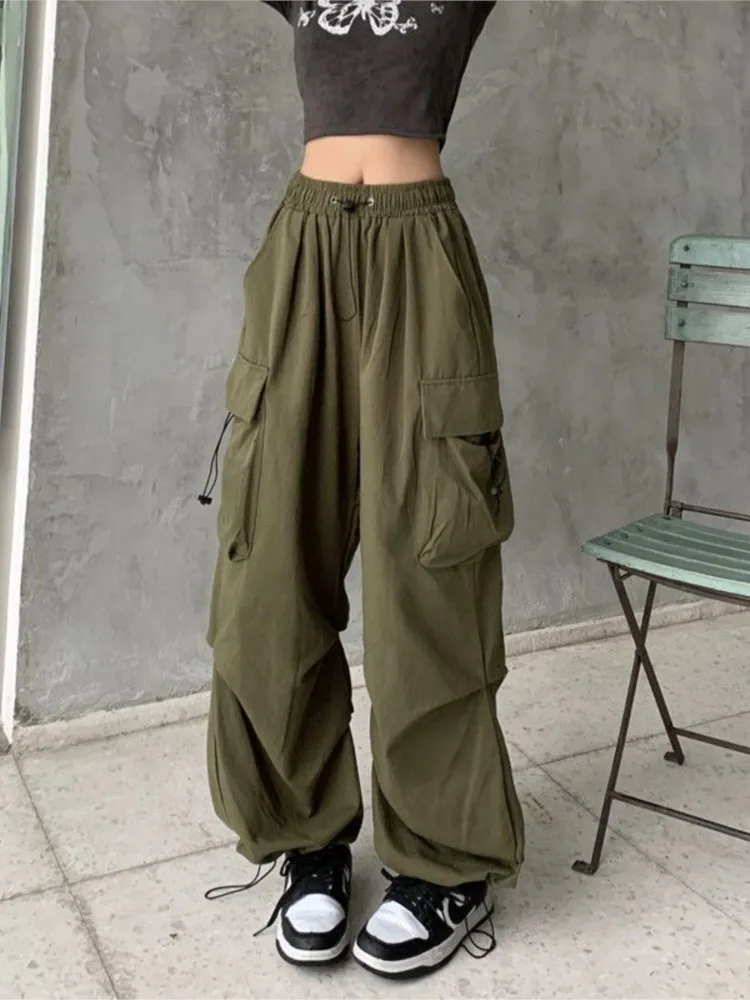 

Trendy 2025 Women's Summer Cargo Pants Elastic Waist Casual Retro Style Big Pocket Wide Leg Athletic Trousers