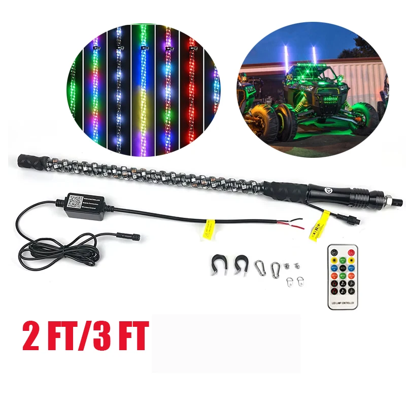 2ft /3ft Waterproof Spiral RGB Led Tail Whips Buggy Warning Spring 360 Degree Flexible Antenna Led Whip Lights for UTV ATV