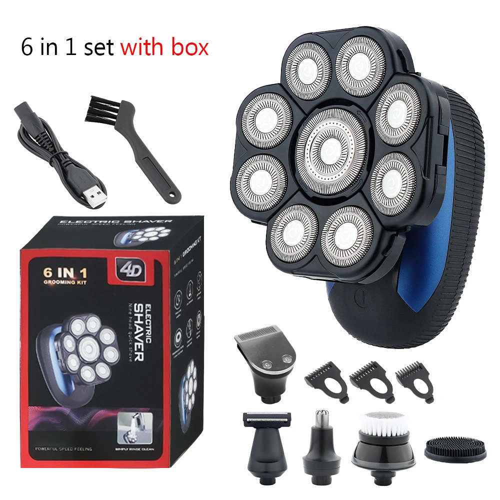 9 Head 6-in-1 Electric Shaver for Men, 4D Floating Bald Head Razor, Rechargeable Waterproof Grooming Kit with Trimmer
