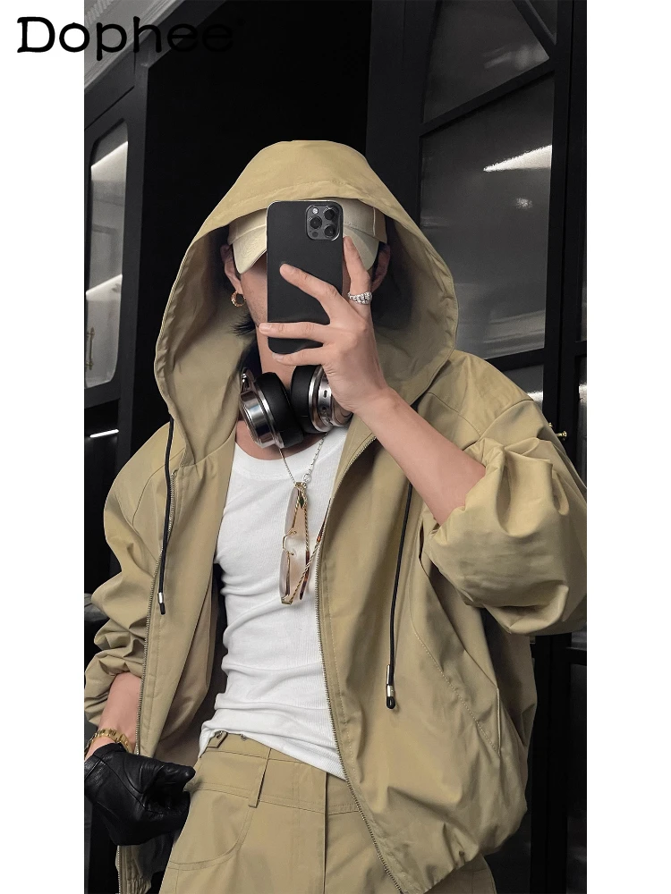 Men's 2025 Autumn New American Style Two-piece Sets Outdoor Hooded Jackets Simple Loose Coats Comfort Pants Solid Color 2pcs