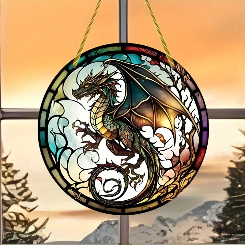 Stained Glass Dragon Sun Catcher-Round Window Hanging for Home Decoration and Gifts,Aesthetic,Room,Hotel,Bedroom,House Decor