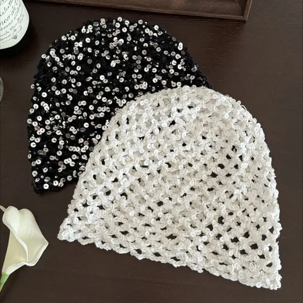 Ретро винтажная тканая кепка с блестками, полая шляпа-ведро с блестками Y2k, вязаная тонкая шапка-бини, летние шапки