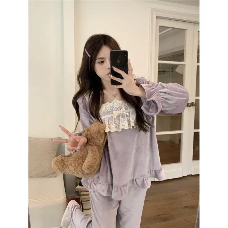 

New Hot Floral Sweetheart Princess Pajama Set Lace Trim Teen Girls Home Loungewear Sweet New Spring Autumn Thickened Cozy