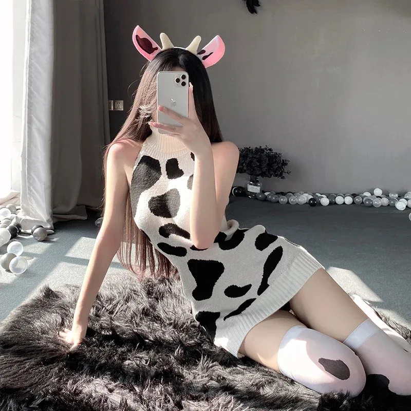 

Cute Milk Cow Backless Pullovers Off Shoulder Turtleneck Women Long Sweater Kawaii Korean Fashion Knitted Jumper 6 Colors