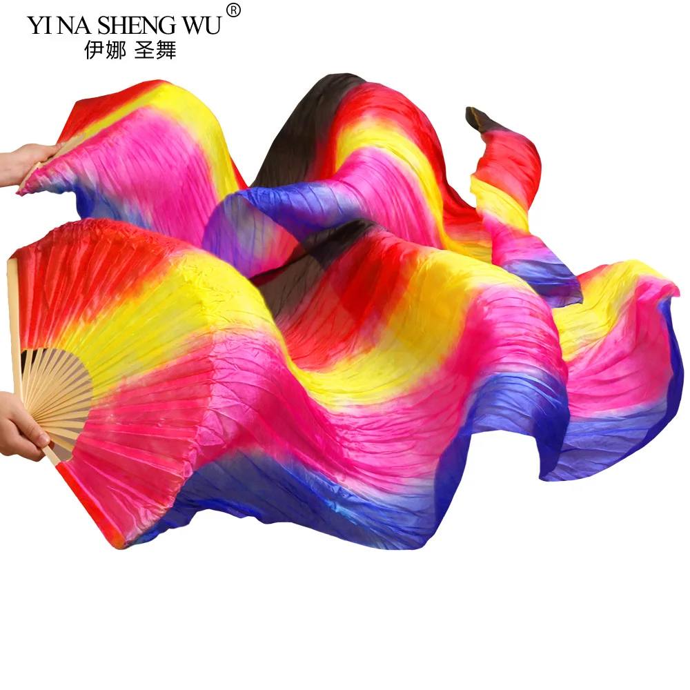 Vente chaude 100% éventail en soie 1 paire fait à la main de haute qualité éventails de danse du ventre en soie rayures verticales bleu + Rose + jaune + rouge + noir 180*90 cm