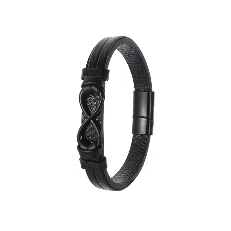 Classic Infinity Logo Handmade Single Layer Leather Bracelet with Magnetic Clasp Men\'s Fashion Business Casual Party Jewelry Gif