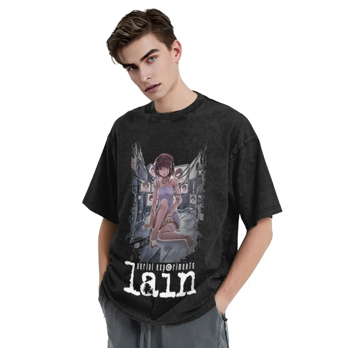 Lain Iwakura Serial Experiments Lain Washed T Shirts Novelty T-Shirt Aesthetic Tees Tops Men Women Short Sleeve Harajuku Graphic