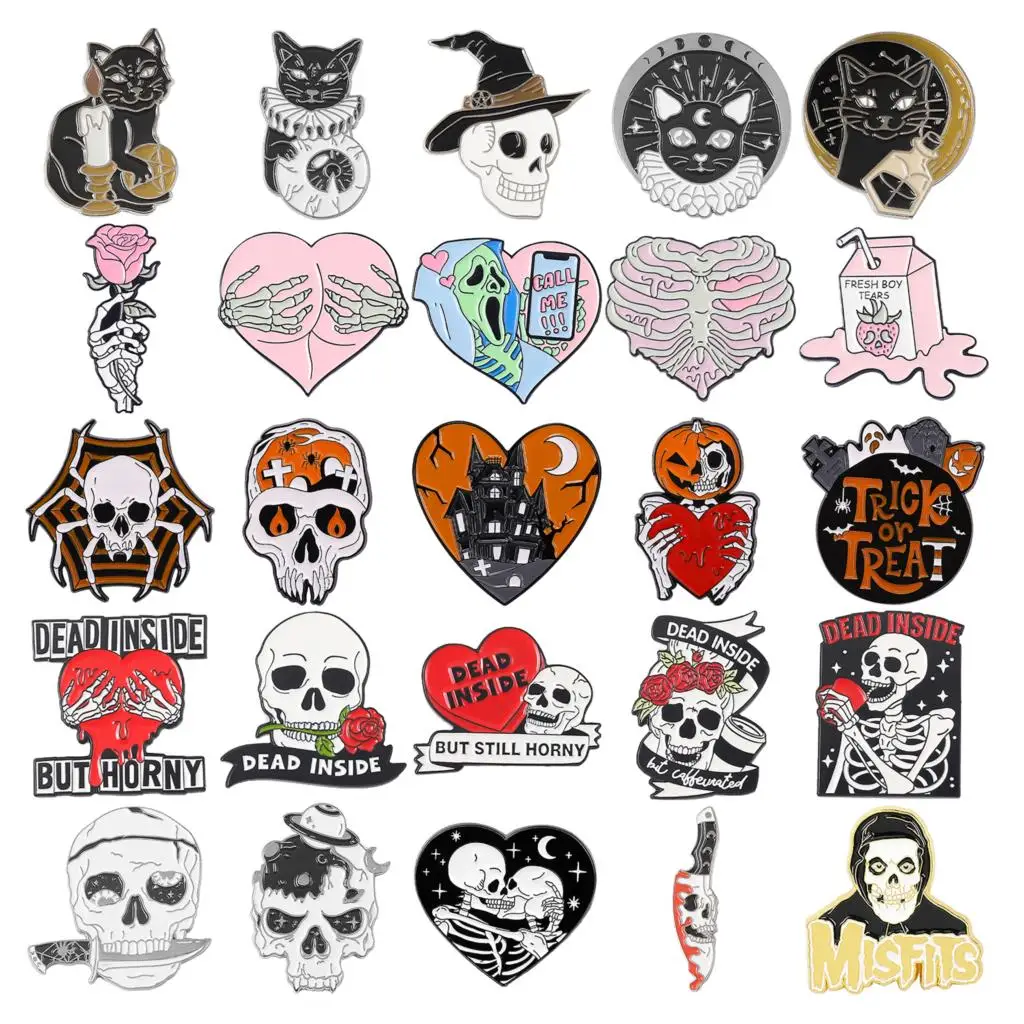 

Punk Style Brooch Skull Rose Heart Brooch Halloween Cat Head Compass Wizard Hat Black Cat Alloy Brooches Enamel Badge Lapel Pins