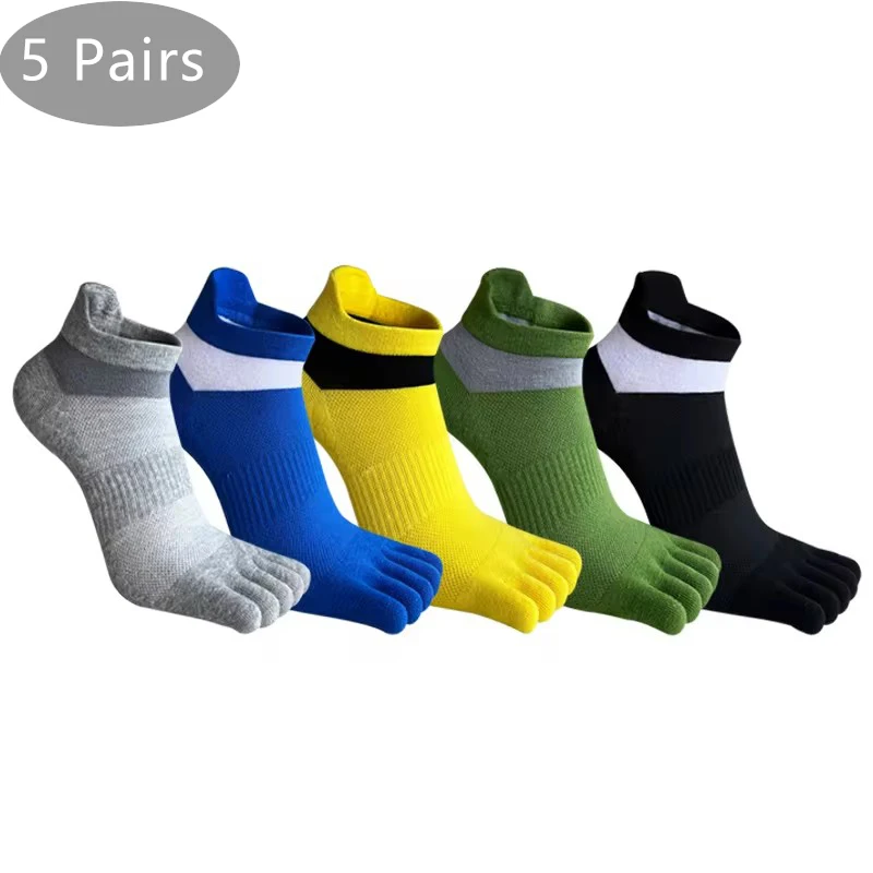 

5 Pairs Sport Ankle Socks Toe Man Cotton Massage Feet Damping Striped Bike Outdoor Travel Fitness Invisible Toe Socks 4 Seasons