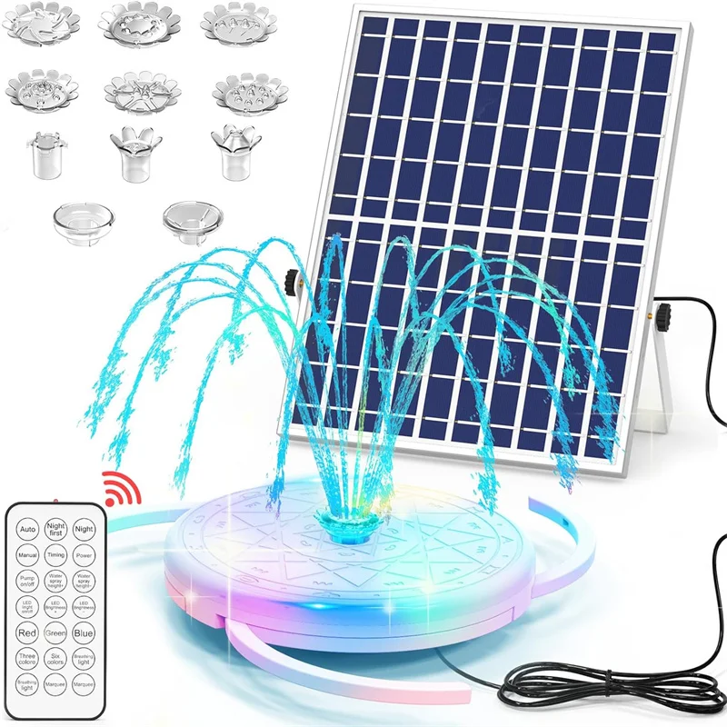 

12W Solar Water Fountain with 20 led Lights & 5000mAh Battery,Remote Control Bird Bath Solar Fountain with 8 Nozzles