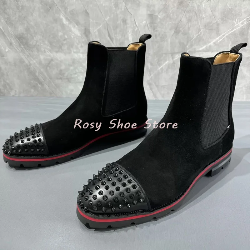 Newest Studded Man Ankle Boots Suede Leather Spliced Knit Elastic Round Toe Slip On Black Winter Versatile Boots Neutral Boots