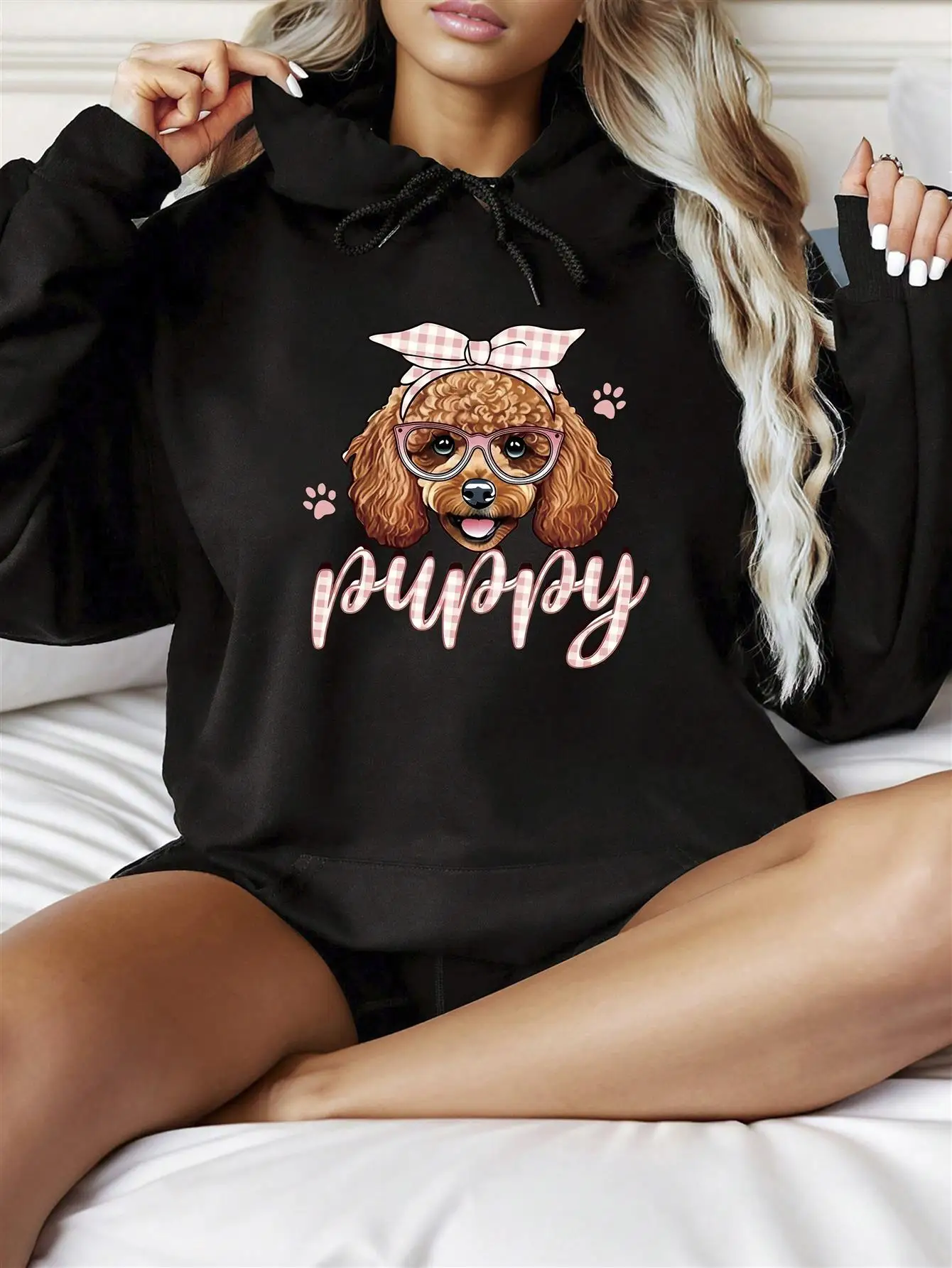 

Women's Cute Puppy Print Hoodie with Pomeranian Dog Face & Pink Bow - Oversized Kangaroo Pocket Sweatshirt, Pink Cursive