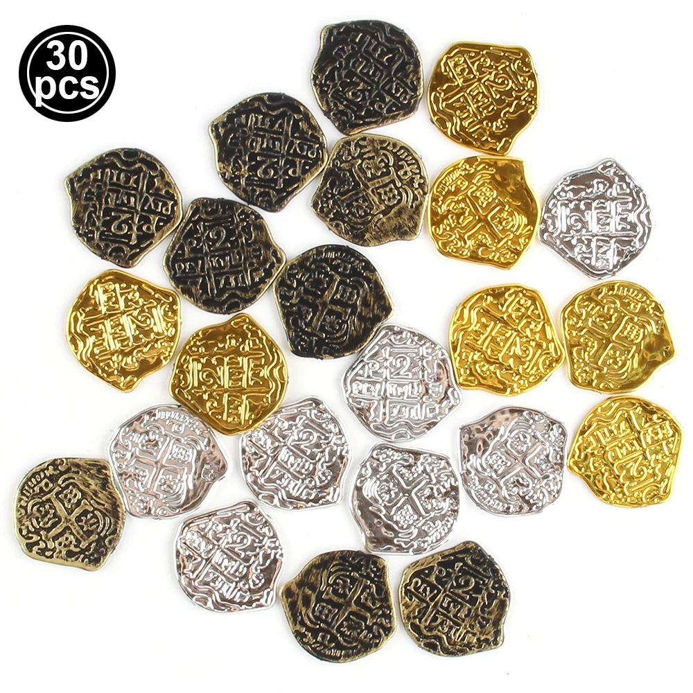 30/60/90/120pcs Pirate Gold Silver Bronze Coins Plastic Doubloon Bulk Kids Fake Play Cosplay Party Treasure Chest Games Tokens