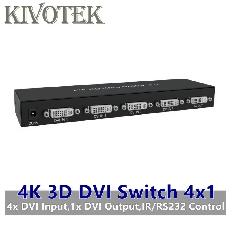 

4K 3D 1080P DVI Switch 4x1 Switcher Adapter DVI-D Female Connector IR RS232 Control AC3 DSD For CCTV PC DVD Camera