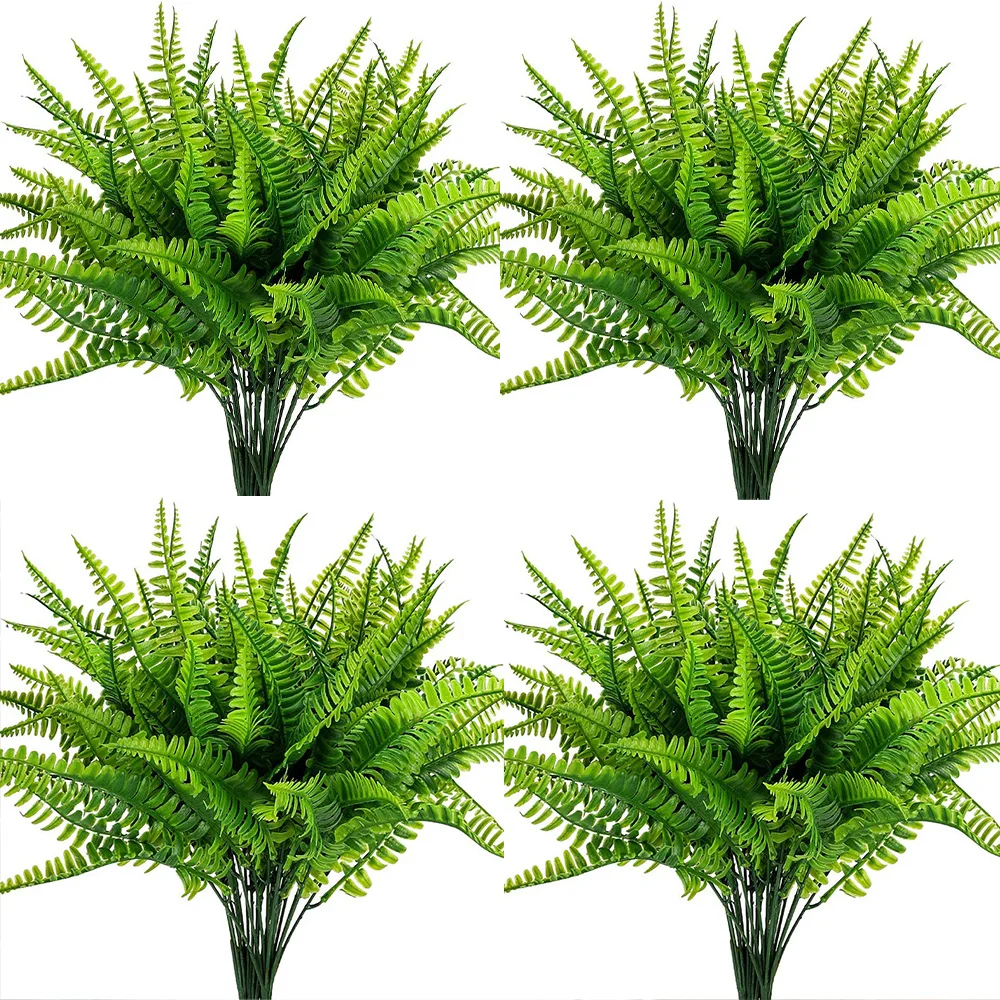 4 Paquetes de Plantas Artificiales, Helechos de Boston Falsos, Arbustos Artificiales, Vegetación Resistente a los Rayos UV para Decoración del Hogar, Jardín y Exteriores