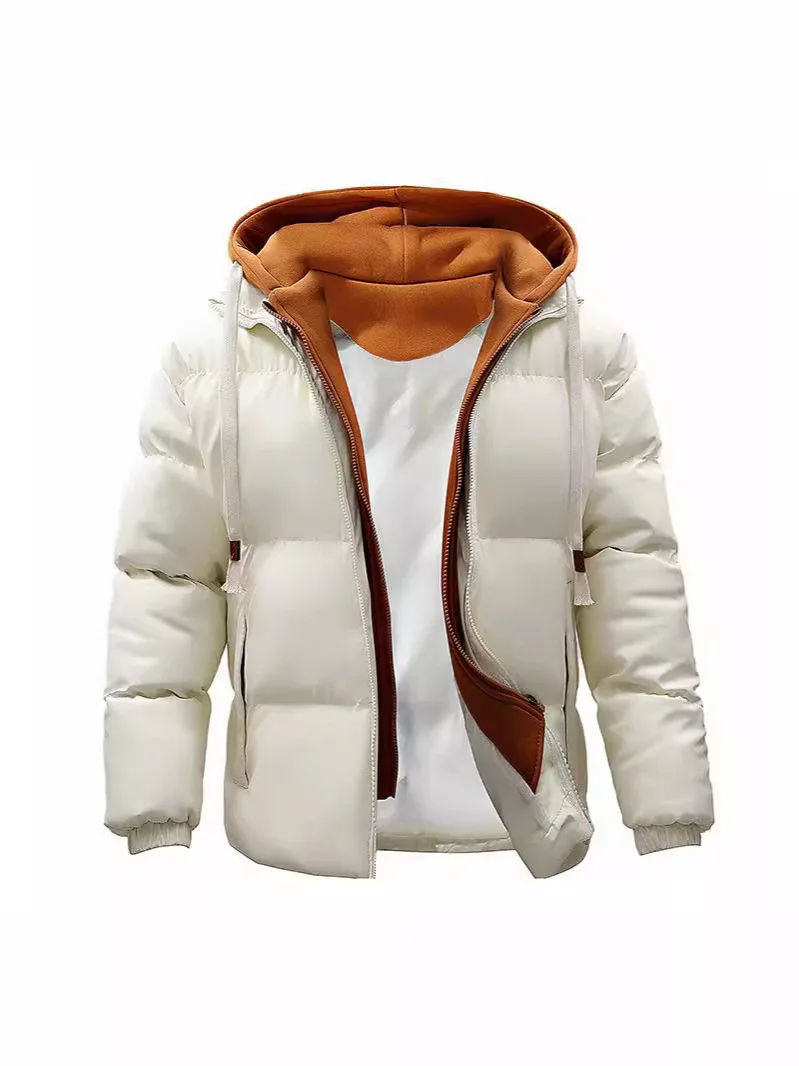 

Men Winter Fake Two-piece Down Jacket Thicken Warm Contrast Color Man Outerwear Fashion Long Sleeve Hooded Male Outerwear