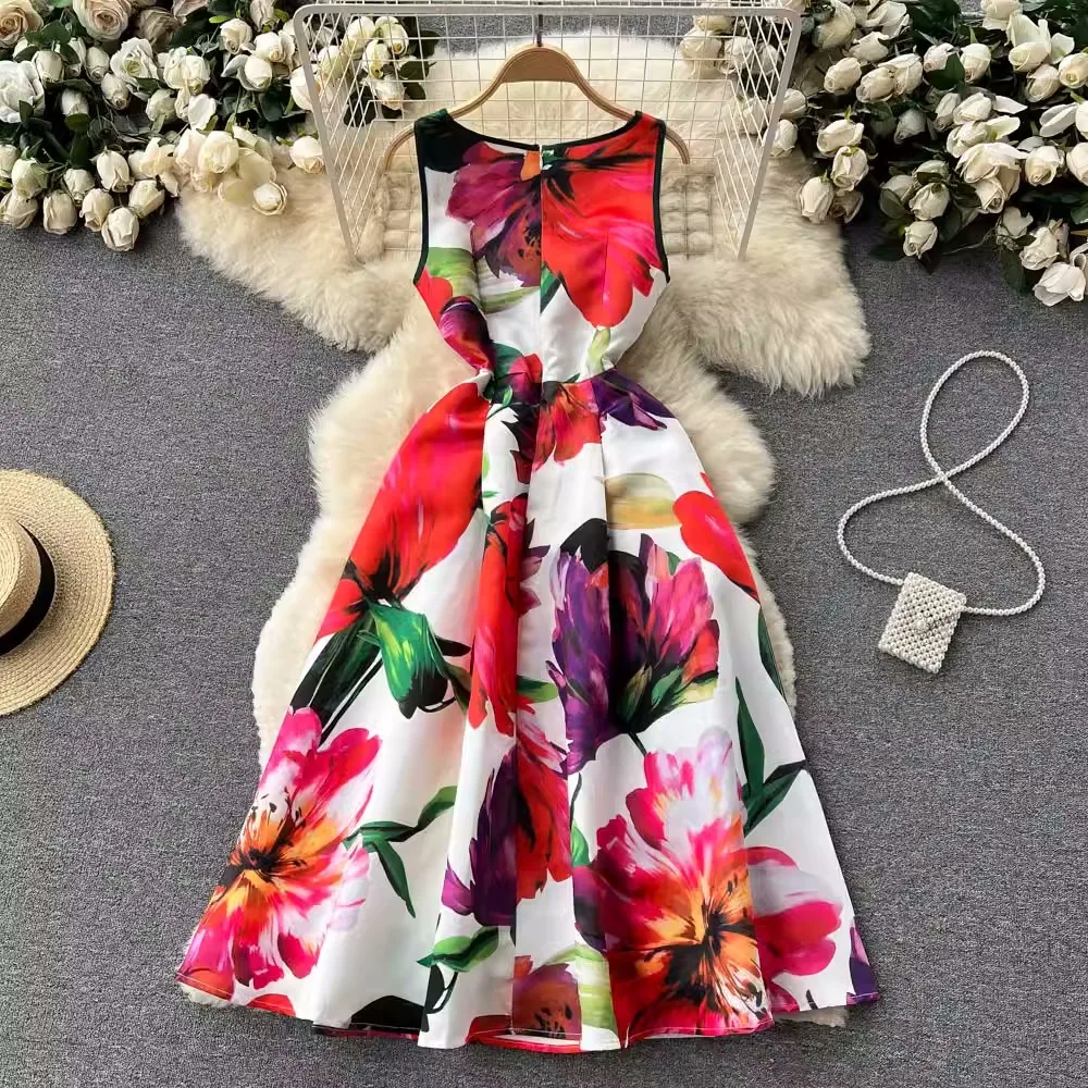 Imagem -03 - Flashion Impressão Flor Wmen Vest Midi Vestido Elegante o Neck Mangas Magro Cintura Alta a Line Party Runway Tank Beach Dress 2023