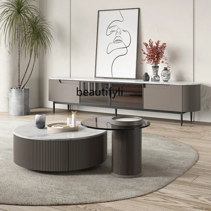 

Stone Plate Coffee Table TV Cabinet Combination Living Room Home Simple Modern Balcony round Glass