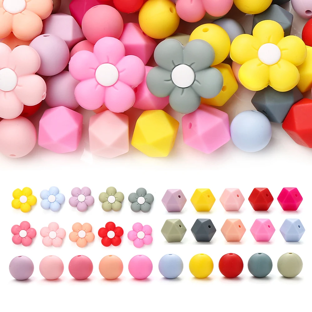 70Pcs Mix Round Octagonal Silicone Beads Flower Focus Beads Set for Making Jewelry Diy Necklace Pacifier Teether Toy Accessories