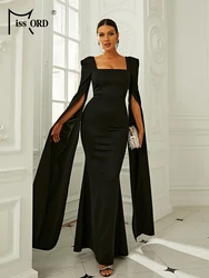 Falsche schwarze Abendkleider Frauen elegante geteilte Langarm quadratische Kragen Bodycon Party Prom bodenlangen Kleid weibliches Kleid