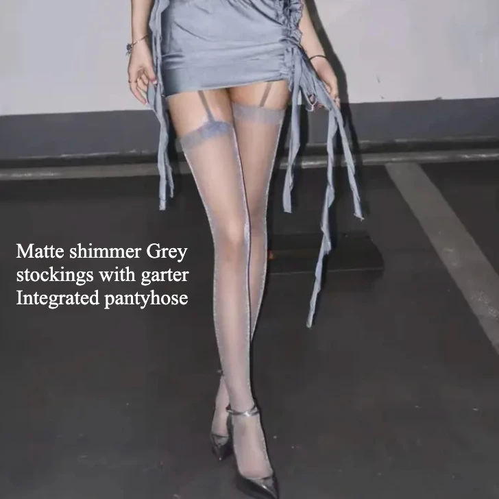 Korean Girl Tights Matte Shimmer Grey Stockings with garter Integrated Pantyhose for Women Young Girl Friend