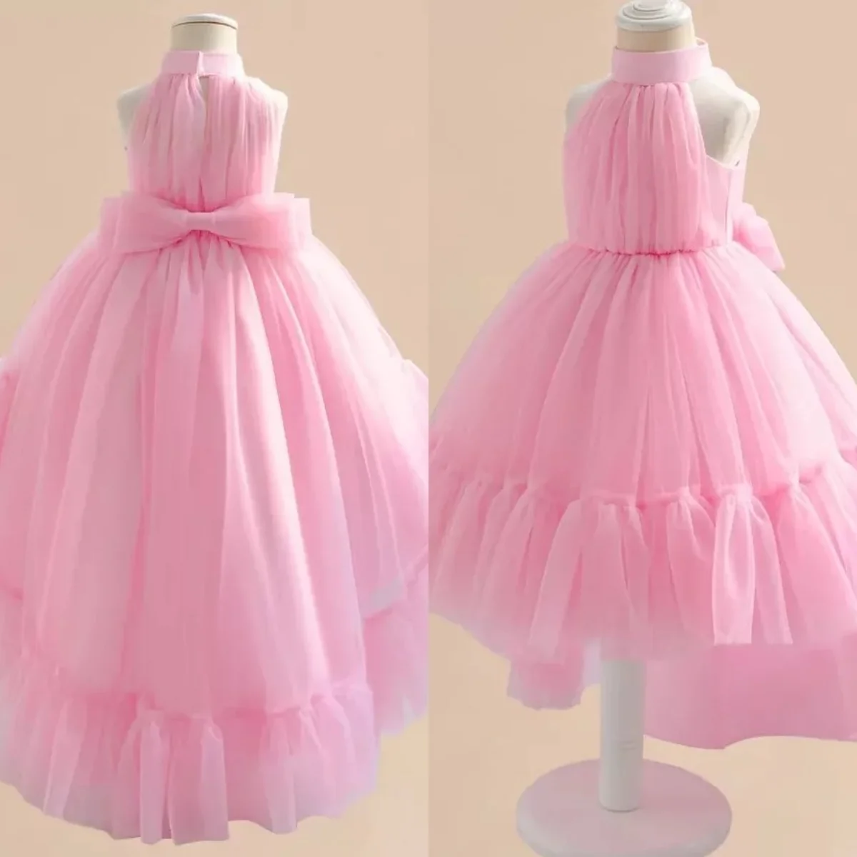 

Pink High Neck Flower Girl Dresses Tulle Hi-Lo Children Birthday Party Gowns Princess Kids Wedding Guests Dresses