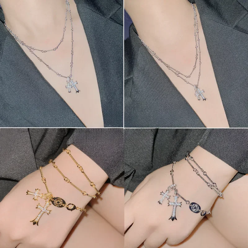 

MDLFES Moiss..nite Style Crocker Jupiter Двойной крест Золотое винтажное ожерелье с цирконием и бриллиантами Тайское посеребрение