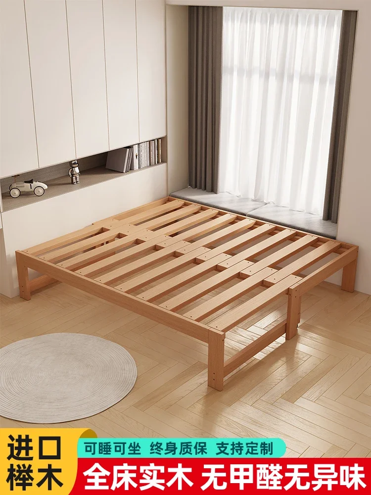 Beech sofa bed folding dual-purpose living room small apartment tatami single simple solid wood telescopic pull-out bed