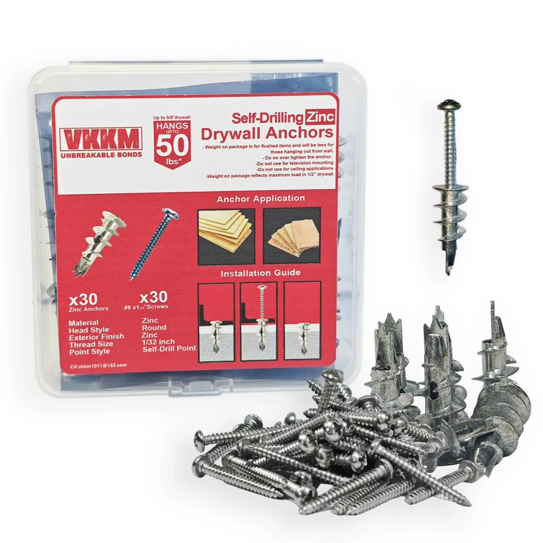 VKKM Self-Drilling Zinc Drywall Anchors-30-Piece Set,Holds Up to 50 lbs,Round Head Design for Aesthetic and Secure Installation