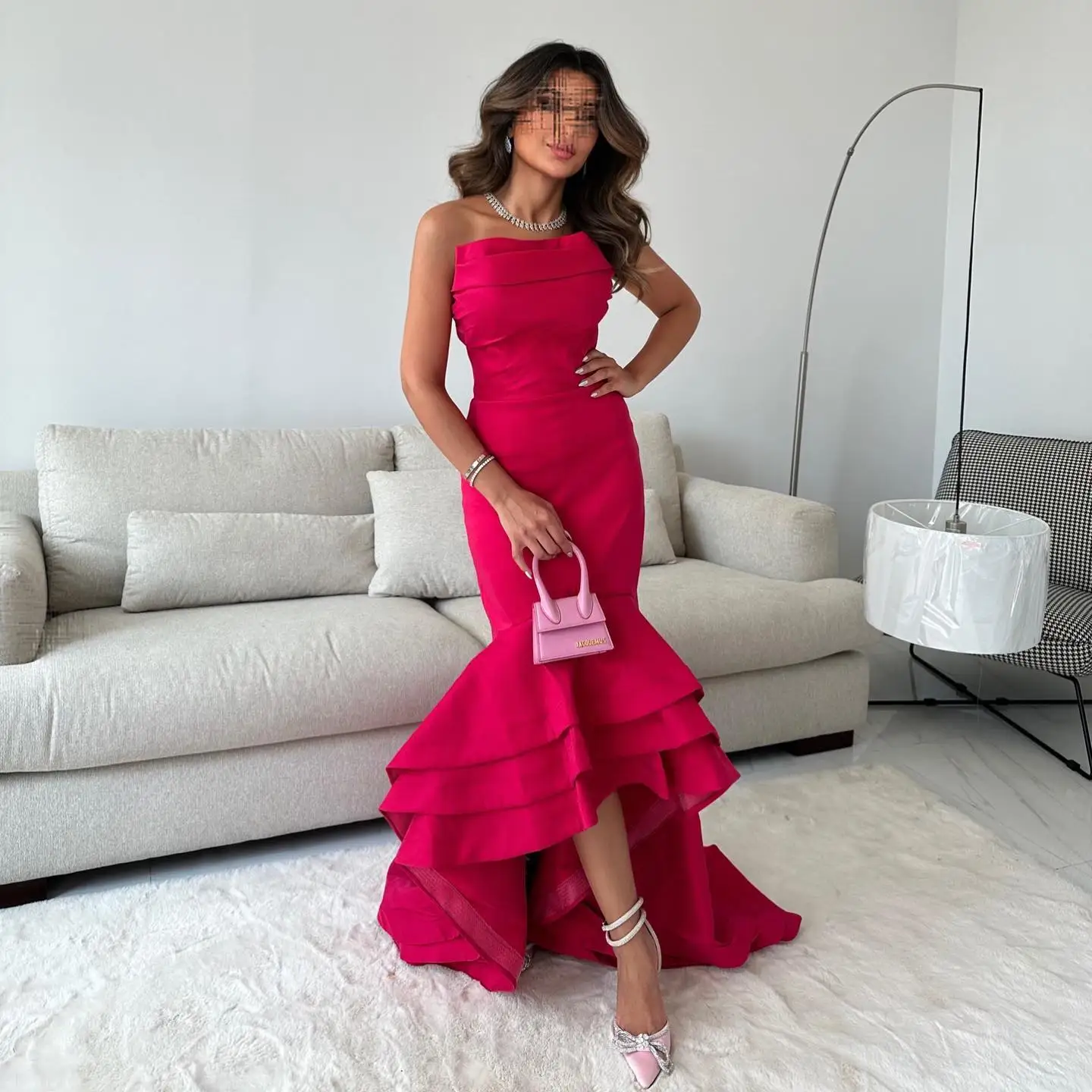 OEING Strapless Luxury Formal Evening Dresses Sheath Tiered Sleeveless فساتين سهرة Ankle Length Elegant Prom Growns Party Women