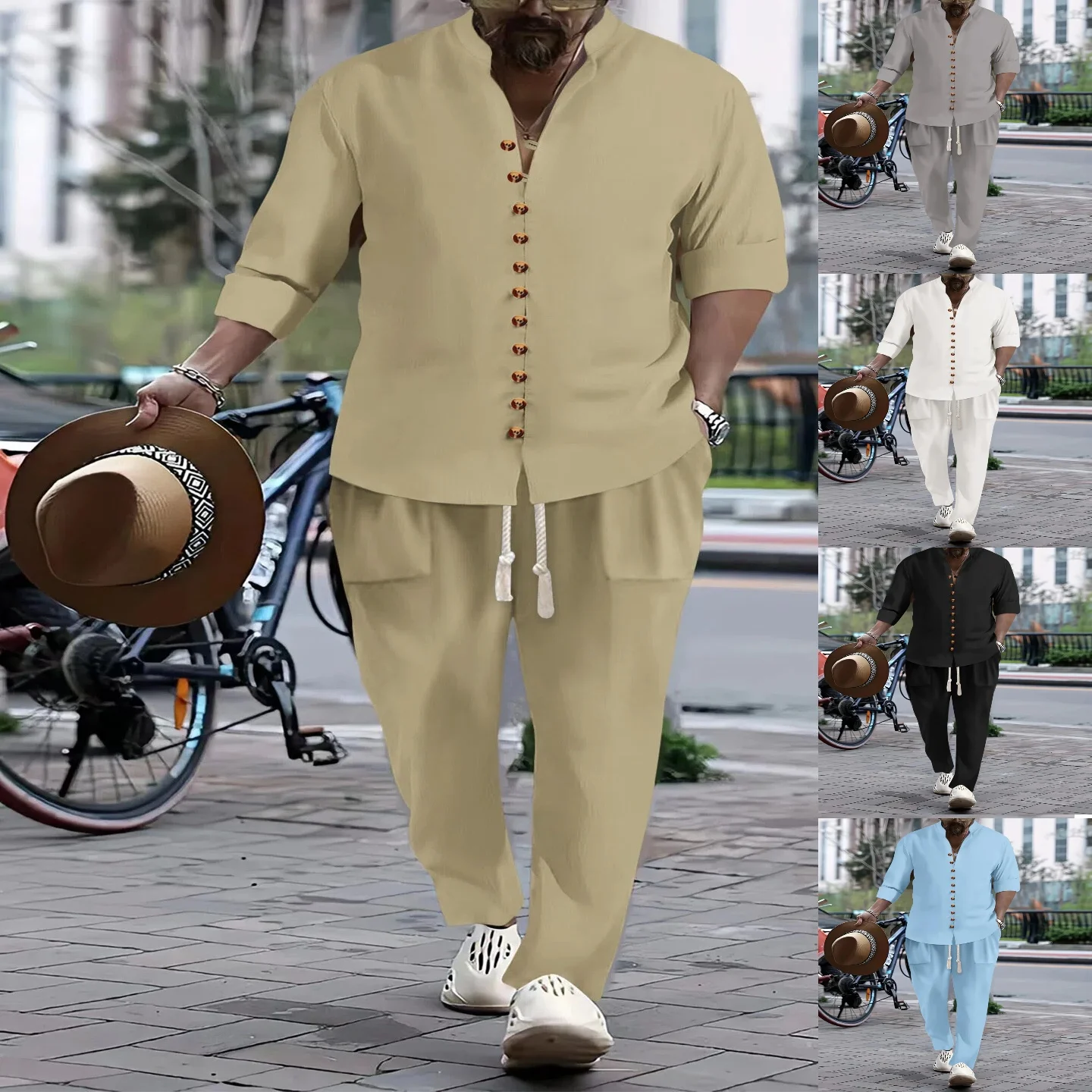 

Весенне-летний новый мужской комплект из хлопка и льна: однотонный, в ретро-стиле, высококачественный, удобный, дышащий, с длинными рукавами и длинными брюками.