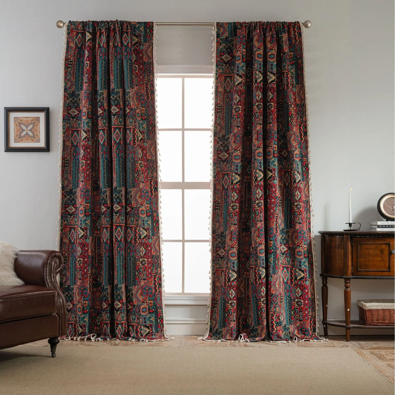 

Cotton Geometric Color-blocking Flower Jacquard Curtains Finished Kitchen Bay Window Semi-shading Tassels Decorative Curtains