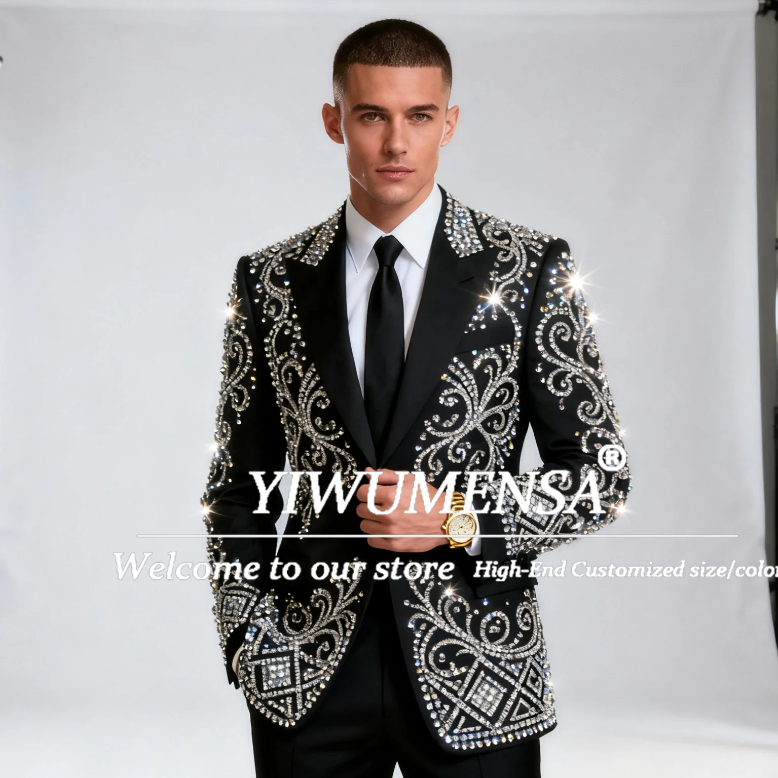 

Unique Design Diamond Ornament Men Suits 2 Pieces Groom Male Prom Blazers Slim Fit Wedding Tuxedos Customized trajes para hombr