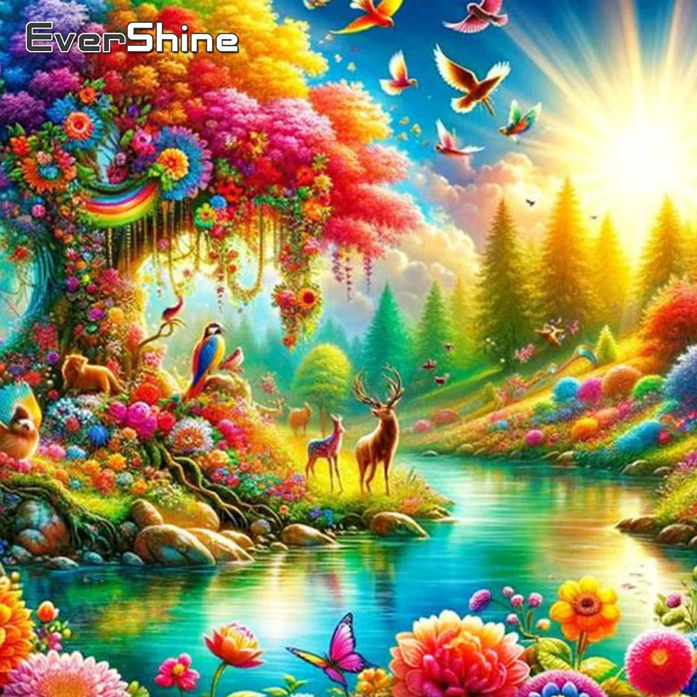 

Evershine Diamond Embroidery Tree Picture Of Rhinestones Full Square Mosaic Landscape River Painting Drill Wall Art