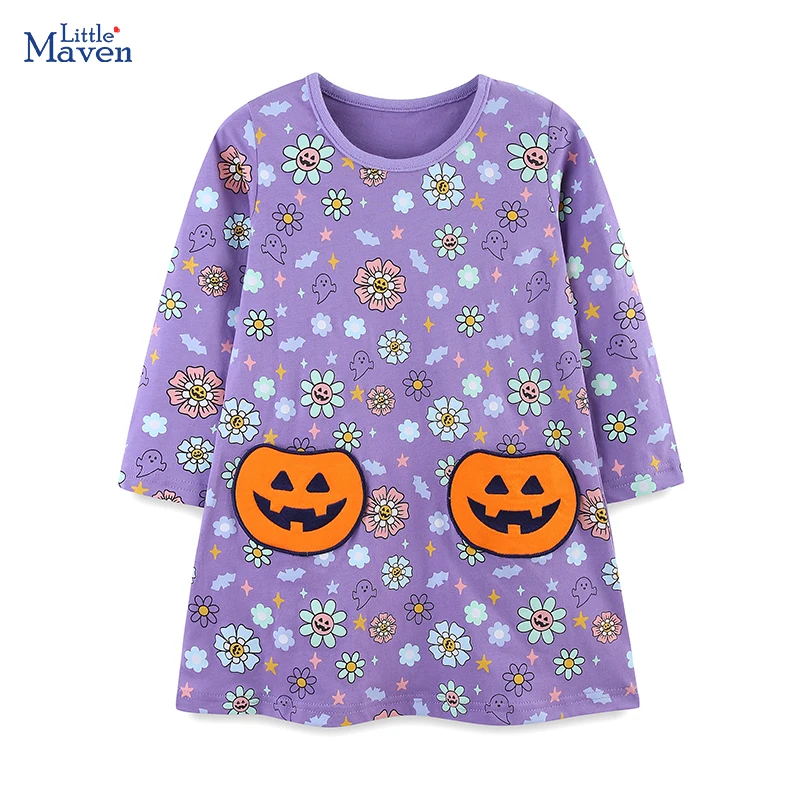 Little maven Children's Clothes for Kids Autumn Spring Baby Girls Long Sleeves Halloween Costumes Cartoon Pumpkin Casual Dress