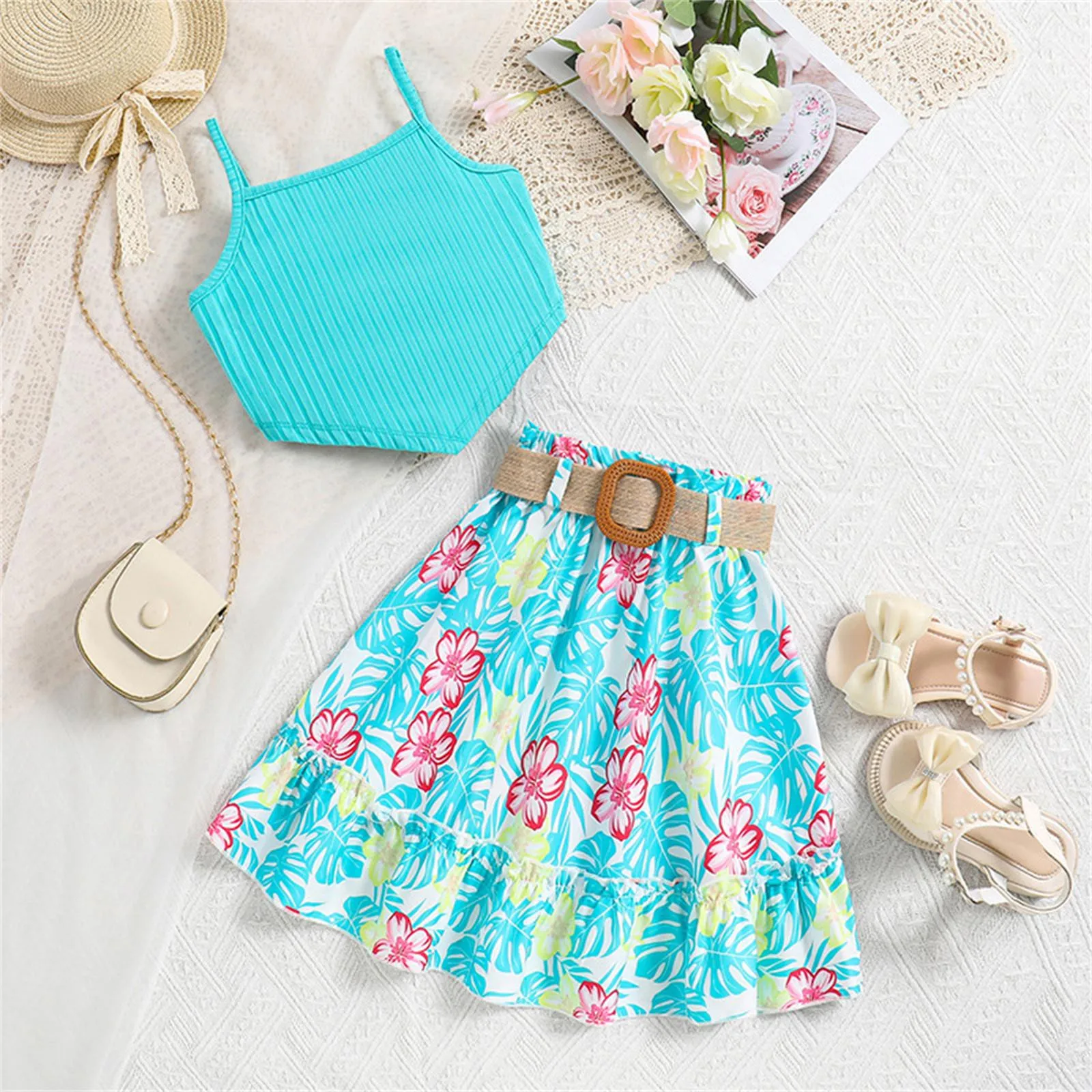 

2pcs Kids Girls Outfit Sets Blue Camisole Top and Belted Floral Skirts Summer 2024 New Teenagers Girl Clothes sets For 8-12Years