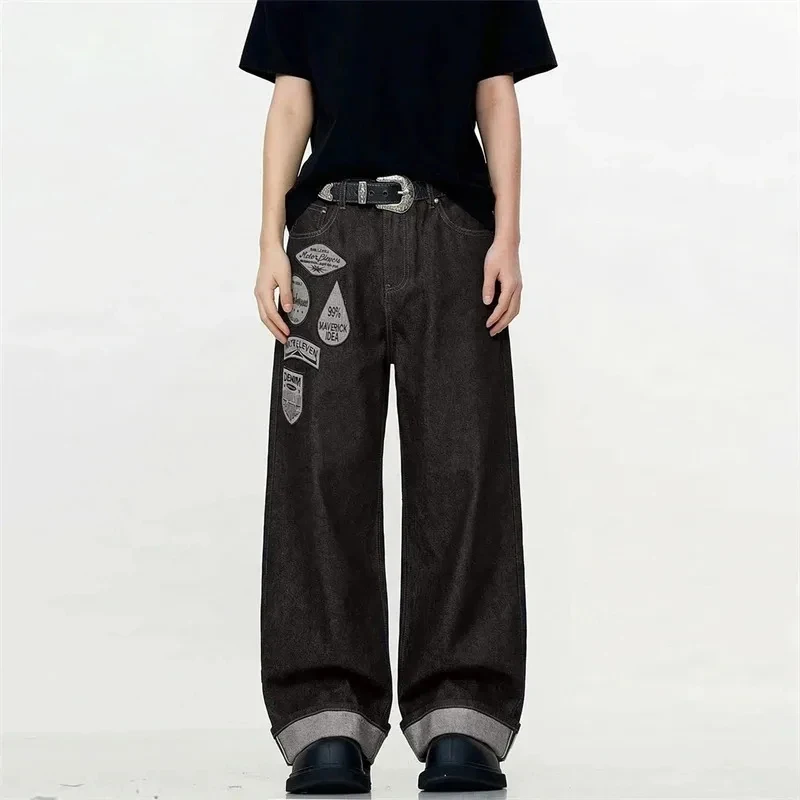 

Niche Men's Wide Leg Jeans European Casual Badge Patchwork Cuffed Hem Dark Wash High End Relaxed Fit Streetwear Trousers