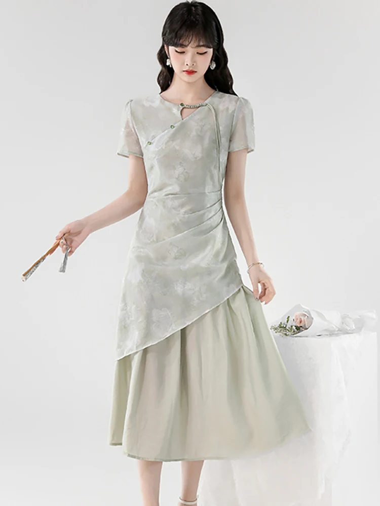 女性用グリーンジャカードパッチワークフェイクツーピースドレスサマープリーツボディコンカジュアルドレス2025韓国エレガントフェスティバルパーティードレス