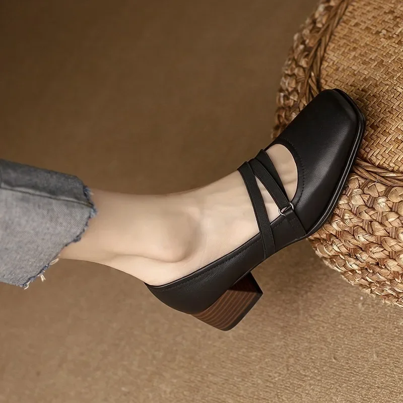 2024 New Spring Women Shoes Leather Mary Jane Shoes Square Toe Chunky Heel Women Shoes Retro Buckle Mid-heel Pumps