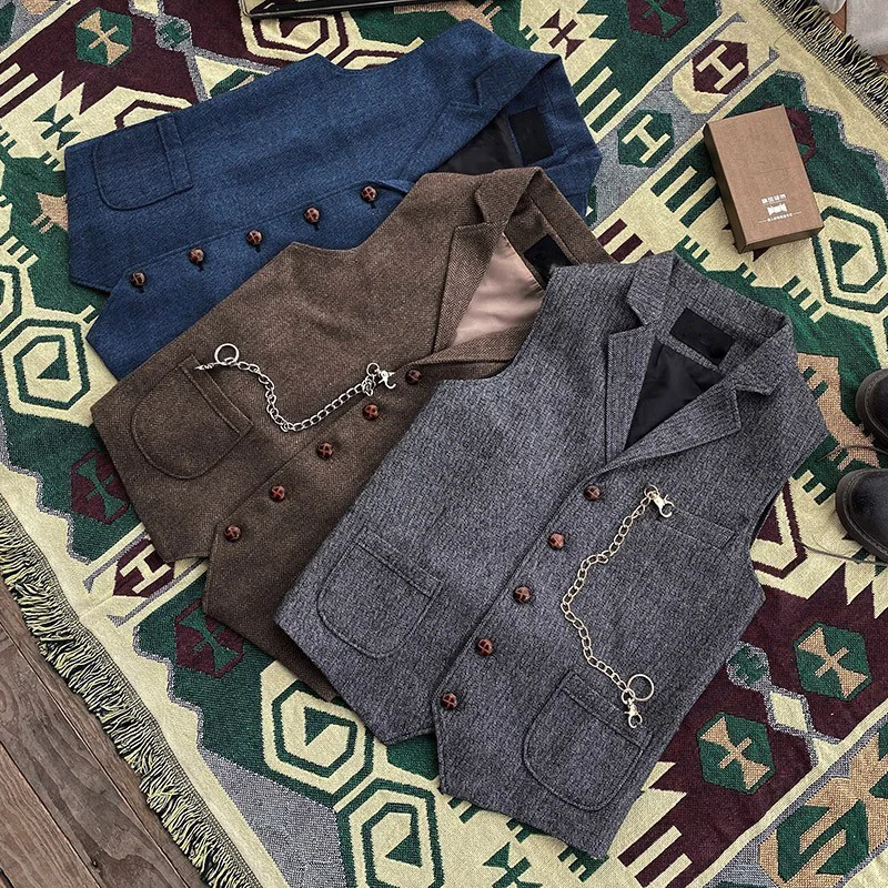 

Autumn Retro Workwear Woolen Notched Lapel Suit Vest for Men, Heavy Herringbone Pattern American-Style Vest, Plus Size
