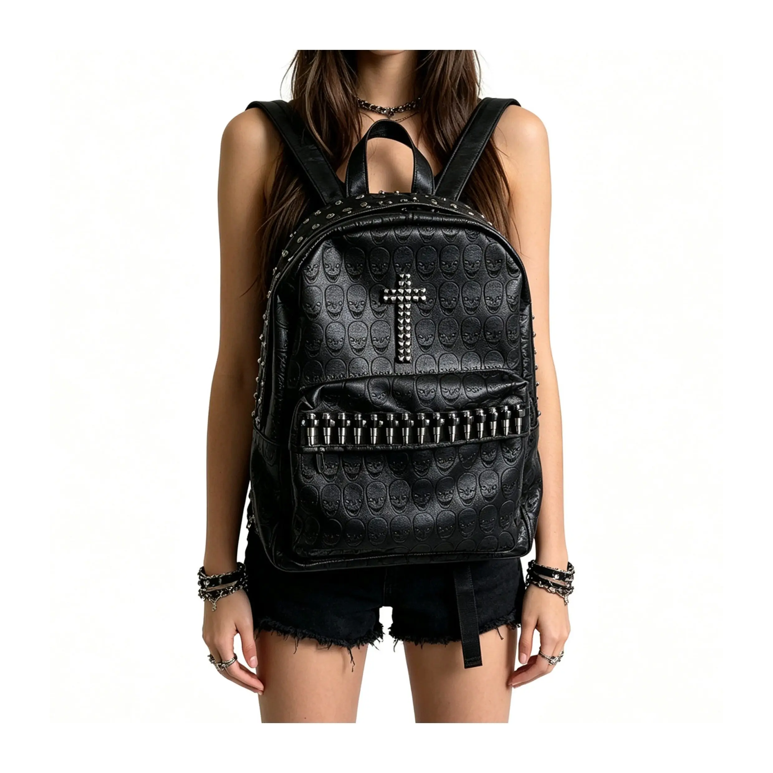 Y2K Black Leather Backpack Punk Goth Rivet Skull Pattern Personality Backpacks Large Capacity Commuter Rock Backpack