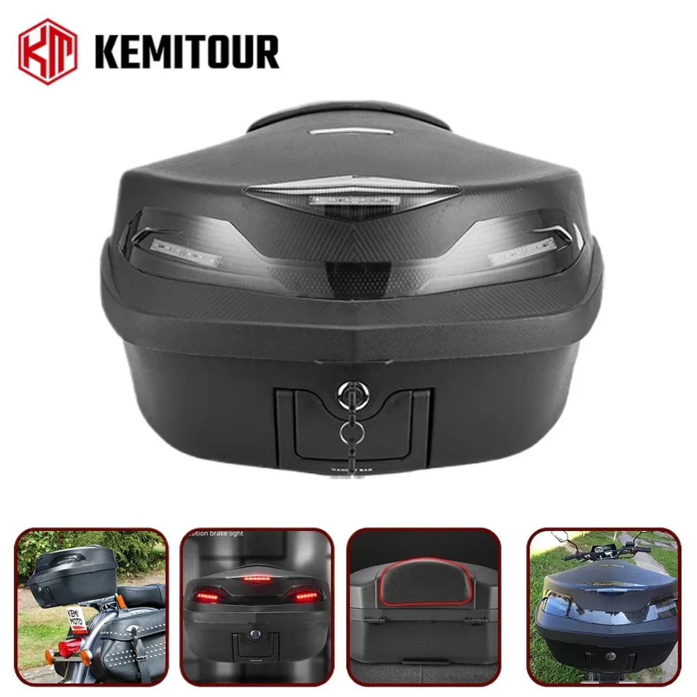 Motorcycle Tail Box 48L Universal Motorcycle Rear Top Box Tail Trunk Luggage Case Waterproof Motorcycle Top Case with LED Light