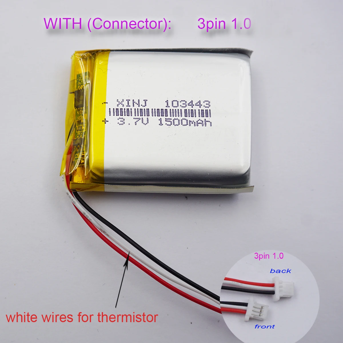 

3.7V 1500mAh 5.55Wh Thermistor 3-Wires Li-Polymer Li Lithium Battery 103443 Lipo JST 3Pin 1.0mm For Drift Camera DashCam LED