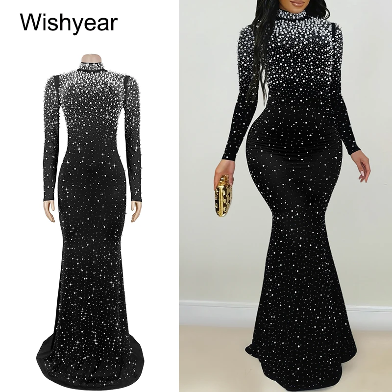 

Роскошное вечернее платье Wishyear с камнями для гостей на свадьбу, женское сексуальное облегающее платье с высоким воротом и длинными рукавами, черное, для вечеринок