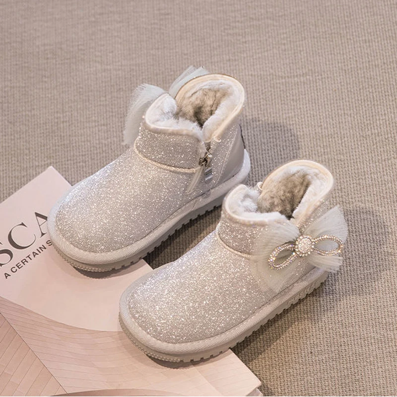 Girls Snow Boots 2023 Winter Toddler Kids Fashion Brand Princess Chelsea Ankle Boots Baby Warm Fur Shoes Children Bowtie Soft