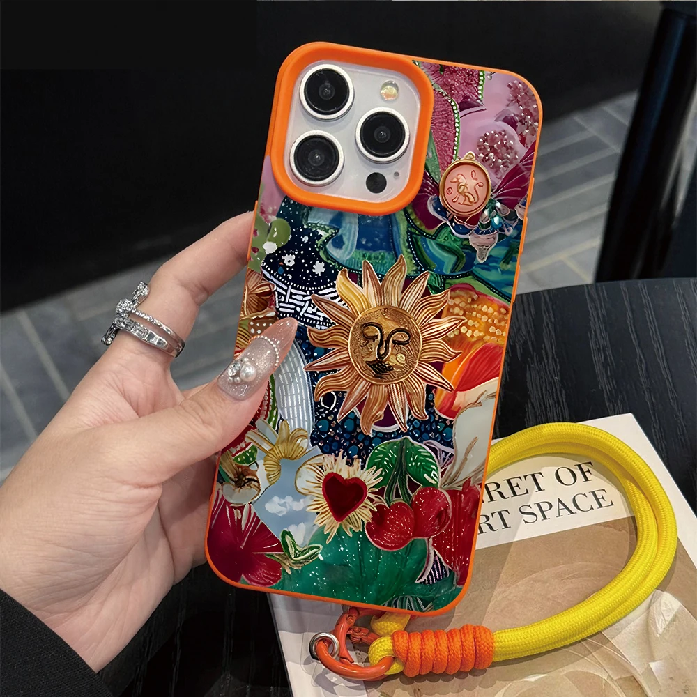 Tarot Human Face Sun Strap Rope Phone Case For iPhone 17 16 15 14  Pro Max 16 15 14 Plus 17 16 15 Pro 17Air Silicone Matte Cover