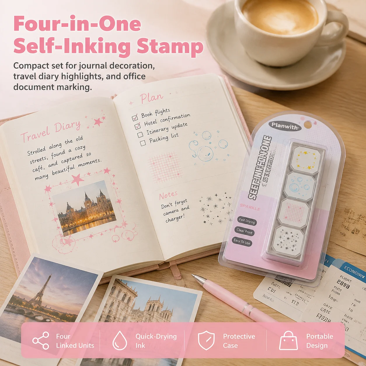 4-in-1 Flash Stamp Set Photosensitive Rubber for Journaling DIY Scrapbooking Self Inking Planner Stamps Portable Case Kit